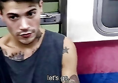 Tattooed hottie has gay sex in bathrooms to earn some cash