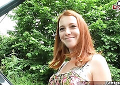 German redhead teen masturbates outdoors for pocket cash