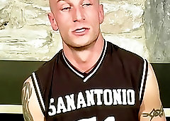 Bald British jock jerking off big cock solo