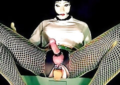 Freaky masked shemale has solo time with big adult toys