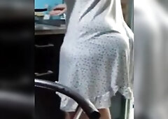 Older mother with large puffy butt in kitchen, homemade, amateur