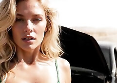 AI-generated. A blond woman's car broke down on the highway.