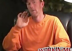 Mature amateur gay strips after an interview and jerks off