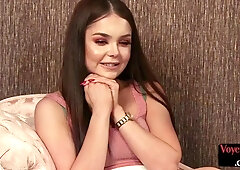 CFNM strip babe in heels and lingerie teases black handjob