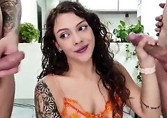 Cum thirsty babe in lingerie blows two cocks on webcam