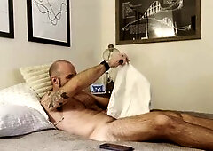 Evening solo session with huge muscle jock enjoying his own cum