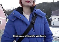 This babe nervously takes off her clothing in front of a stranger in POV - Public Agent