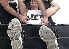 Bound hunk is tickle tormented by his muscular master