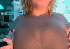 Amateur cougar MILF with small boobs is jerking cock