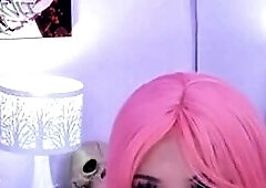 Pink Hair Babe Sucking Different Dildos