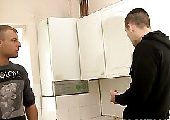 Jock rails a guy in the kitchen after being blown