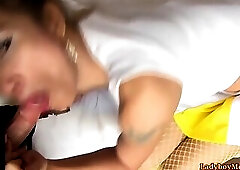 Ladyboy Jom Gives Blow And Gets Ass Fucked Bareback