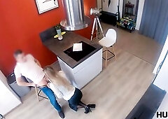 HUNT4K. Nymph in hot garments satisfies potential client in front of BF