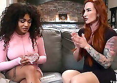 Redhead MILF Sophia Locke playing with her latina tranny GFs dark cock