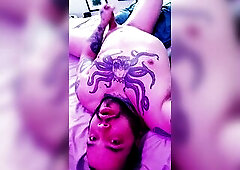 Tattooed Chap Masturbating in Couch