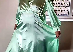 Tv crossdresser in green satin sundress