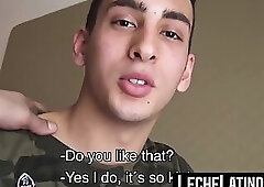 Cute Latino man swallows after a brief banter with another male