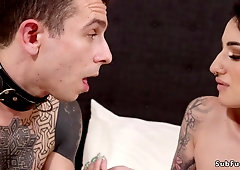 Femdom with cum easting and anal fisting for submissive dude - Tattooed MILF with huge boobs Arabelle raphael