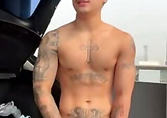 Asian guy wanking outdoors