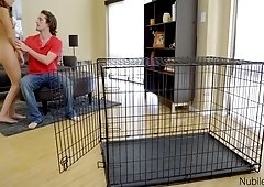 Sweet girl in the cage Arielle Faye is sucking hard big dick before a crazy pounding