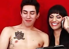 Two gorgeous trannies have fun on a young guy's cock