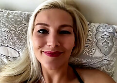 Blonde German wife fingers herself while her hairy husband watches in bed