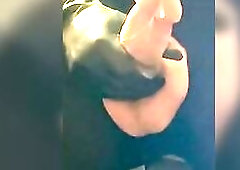 Short tugjob during lunch break with wetlook gloves.