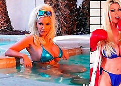 Stunning big titted blonde Brittany Andrews gets horny under the sun! She shows off her huge tits wearing blue lingerie by the pool and rubs her hard 