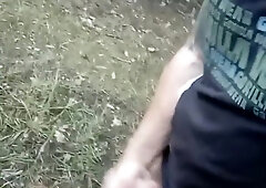 Bulky boy is stroking off and in forrest with spunk