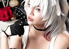 Hot Japanese cosplayer posing and playing with herself