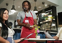 Stylish busty brunette Jennifer White jumps on a huge black cock