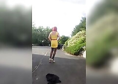 DeeDeeSlut69 Stripping out of her Yellow Costume Outdoors in Public