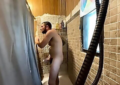 Hung Tattooed Man Wanking While Showering