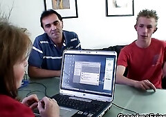 Very old office boss swallows 2 weenies at one time