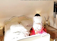 transsexual jerking off spunk fountain in a sheer pleated mini petticoat and nylon stocking