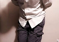 Hopeless and chained man wets his panties