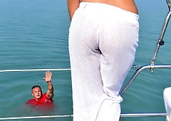 Sensual small-tit chick Vicky Love is having sex on a big boat