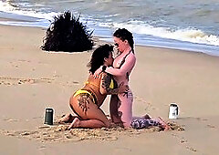 Two lesbian babes picked up on the beach for rough anal with a tourist