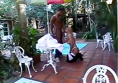 tranny get Laid And pooper dril Over The Garden Table