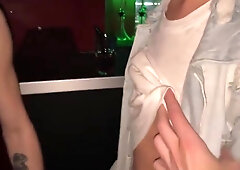 2 Guys Cum In Mouth And Ass Of Fagot In Gay Club