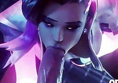 Sombra begins with a sloppy oral-sex, takes hard doggy style with her large booty glistening in oil, then finishes with a titfuck and thick spunk flow