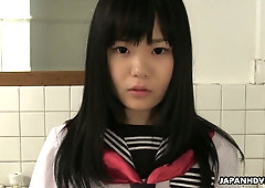 Filthy Japanese student Sayaka Aishiro gives a blowjob and tugjob in the toilet