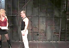 Curvy blonde shemale bitch enjoys teasing her bound older hubby