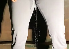 Angel is despairing to pee and urinates throughout her yoga panties