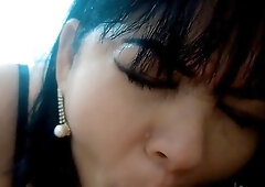 Amateur Latina MILF sucks big white cock