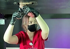 Cum Clinic Nurse Collects A Huge Sample Under Milking Table