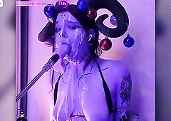 deep blowjob of a cum-drenched blue cosplayer passionately taking a beautiful dildo in her throat. She plays with cum and drools, moans and asks to fu