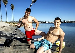 Muscular guys Archie and Ayden fuck anally on a bed