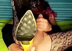 Re whip out of my first-ever vignette in my yellow high-heeled shoes and bondage suit