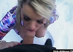 Schlong Sucker Vicky Vette Takes Out Her Breasts And Sucks A Schlong Outside!